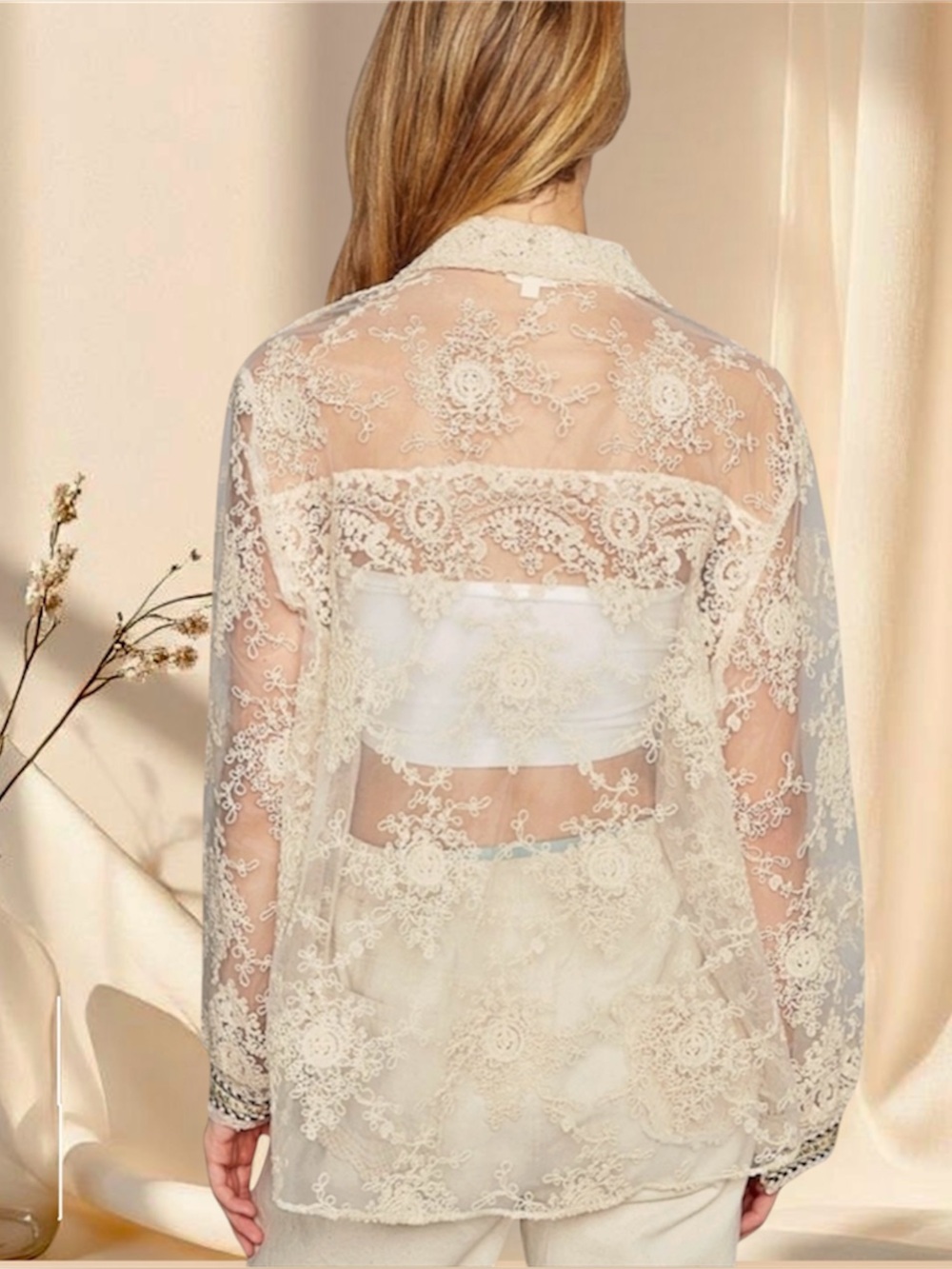 POL Cream Floral Lace Sheer Embroidered Button Down Top - Picture 2 of 6